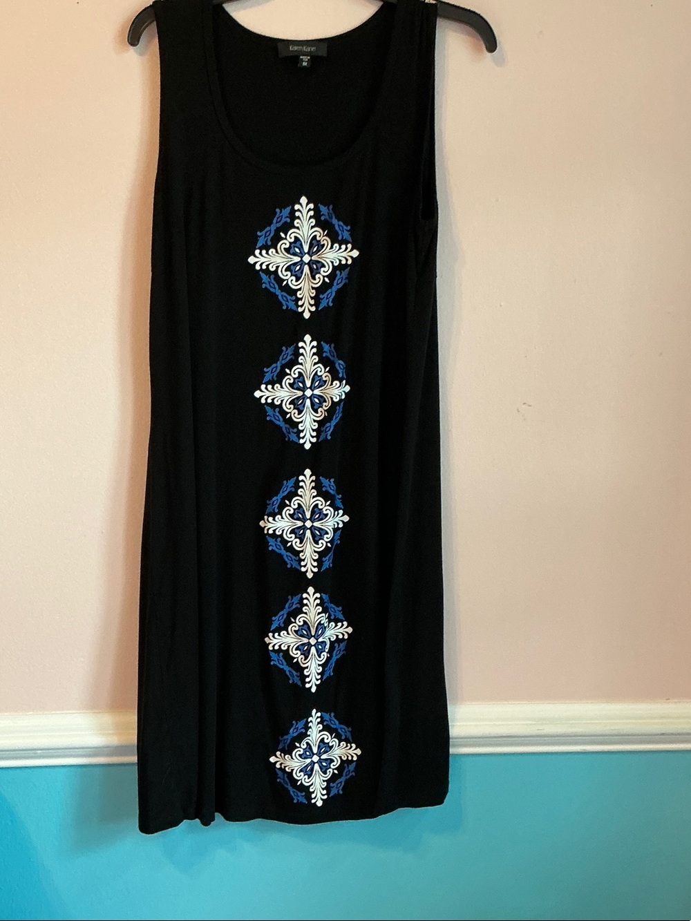 Karen Kane Black Maxi Dress with Blue & White Medallion Embroidery